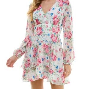 City Studio Pink and Blue Floral Long Sleeve Dress Ruffle feminine flowly date